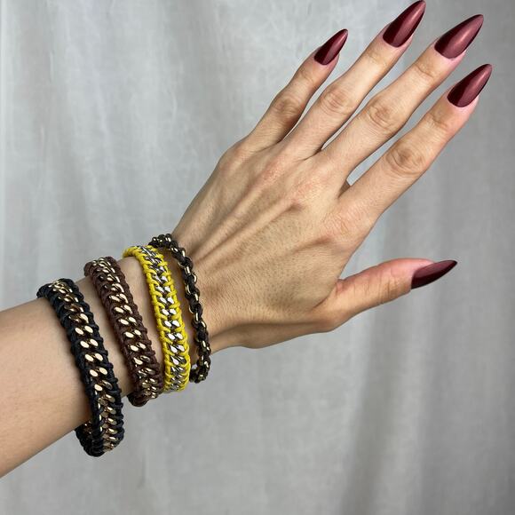NWOT 4 Chain Link Braided Bracelets Set Gold Silver Tone Black Brown Yellow Cord - Picture 1 of 16